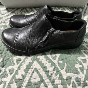Clarks Black Leather Flats with Side Zipper
